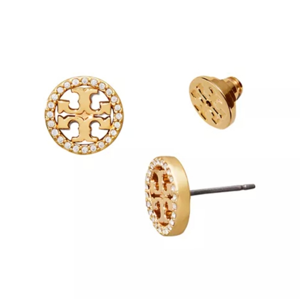 Tory Burch round crystal stud earrings gold new